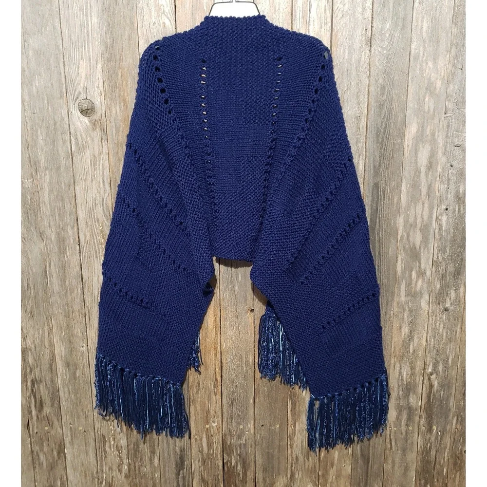NEW Navy Blue Hand Knitted Shawl Wrap Scarf Eyelet Boho Coastal Glam Artsy Indie